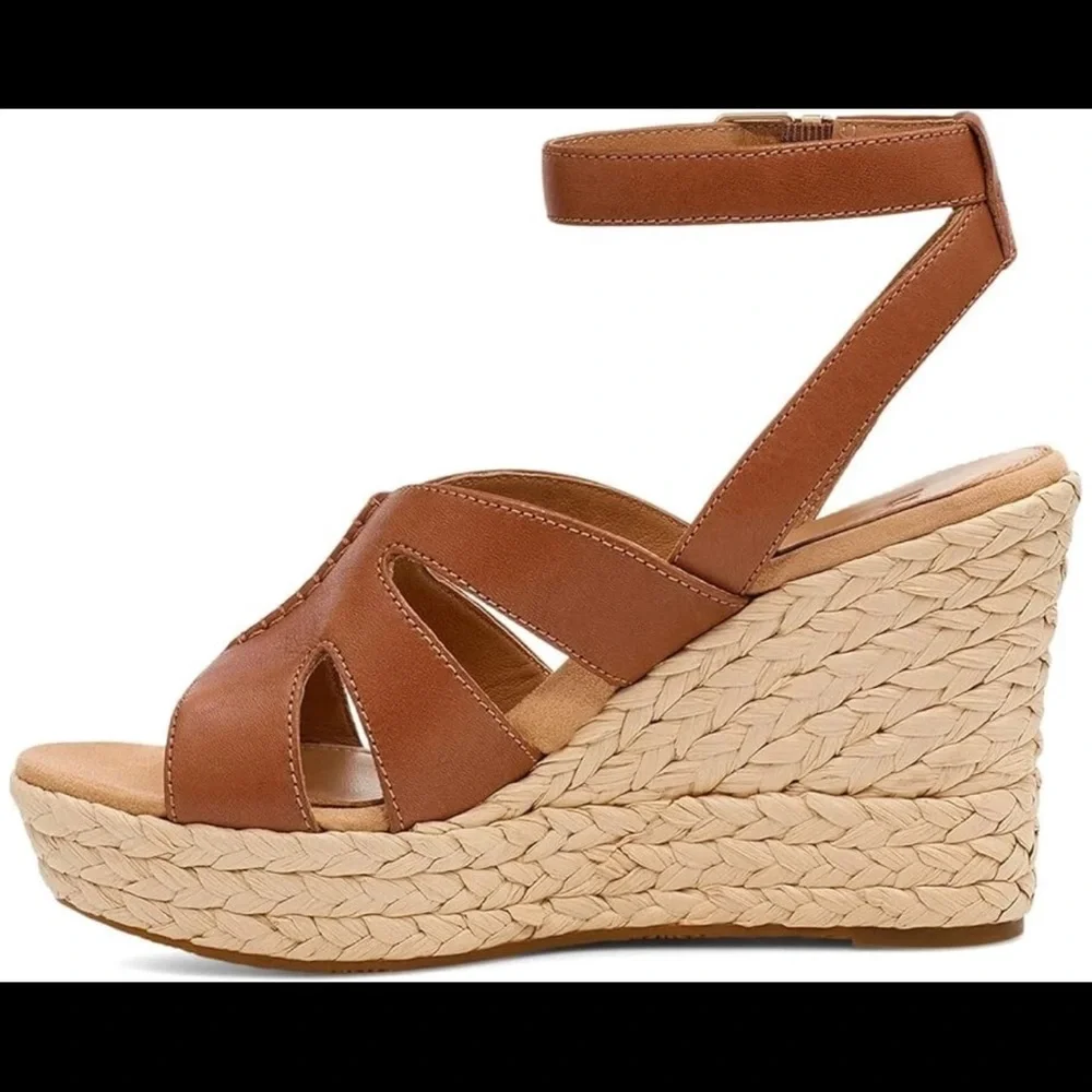 UGG® Women's 11 M Careena Heeled Sandals in Chestnut Leather - Picture 3 of 10